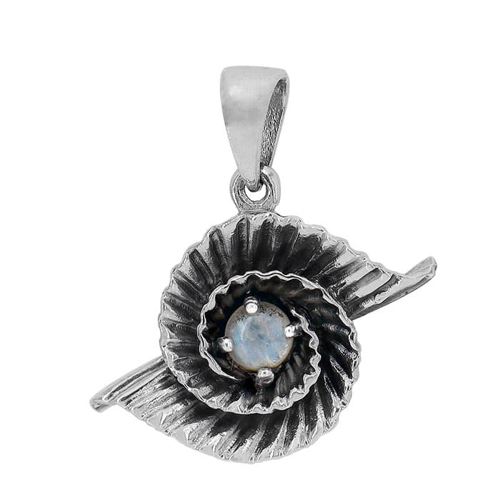 Spiral Leaf Rainbow Moonstone Silver Pendant