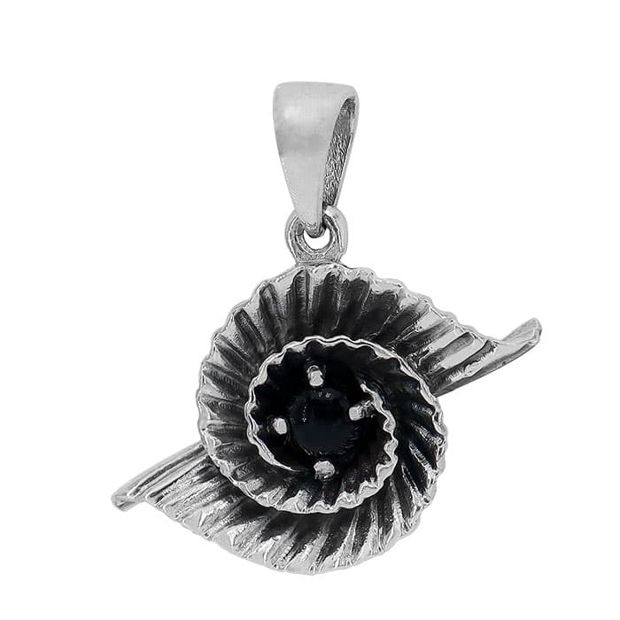 Spiral Leaf Onyx Silver Pendant