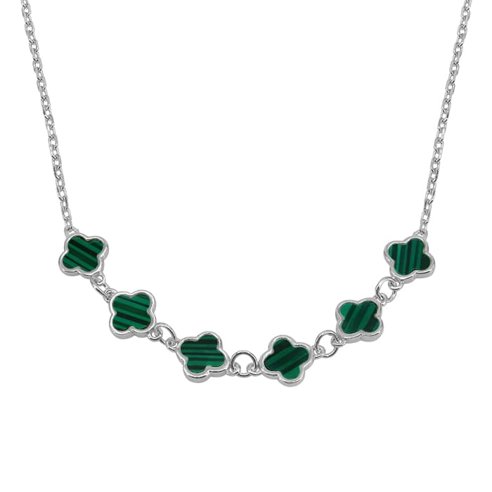 4 Leaf Clover Malachite Silver Necklace