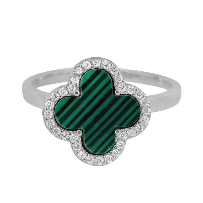 4 Leaf Clover Malachite Silver Ring