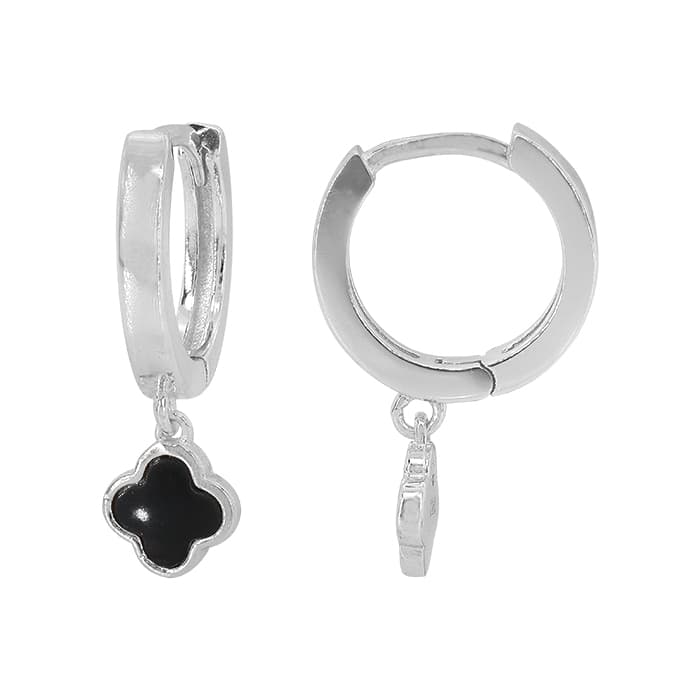 Black Agate 4 Leaf Clover Hoop Silver Earrings