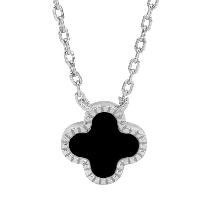 Black Agate 4 Leaf Clover Silver Necklace