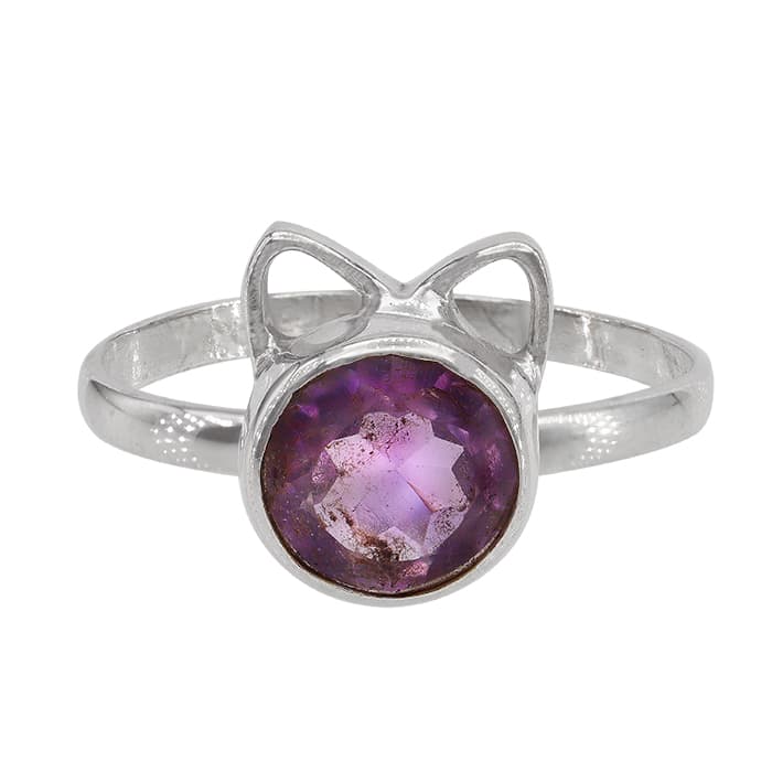 Cat Head Amethyst Silver Ring