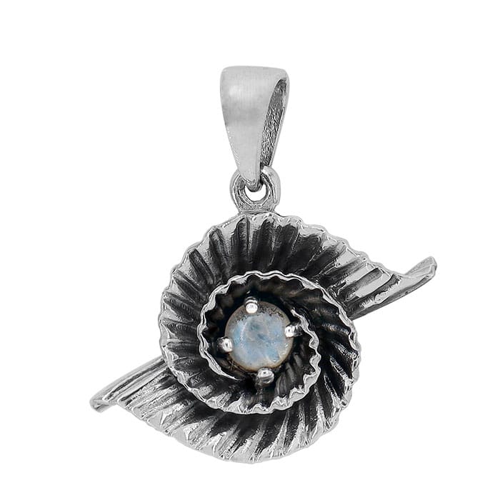 Spiral Leaf Rainbow Moonstone Silver Pendant