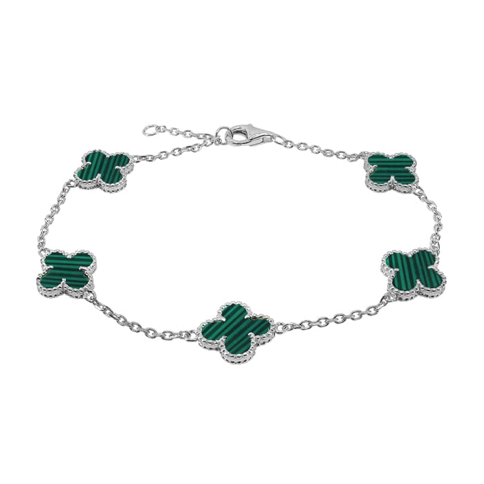 4 Leaf Clover Malachite Silver Bracelet