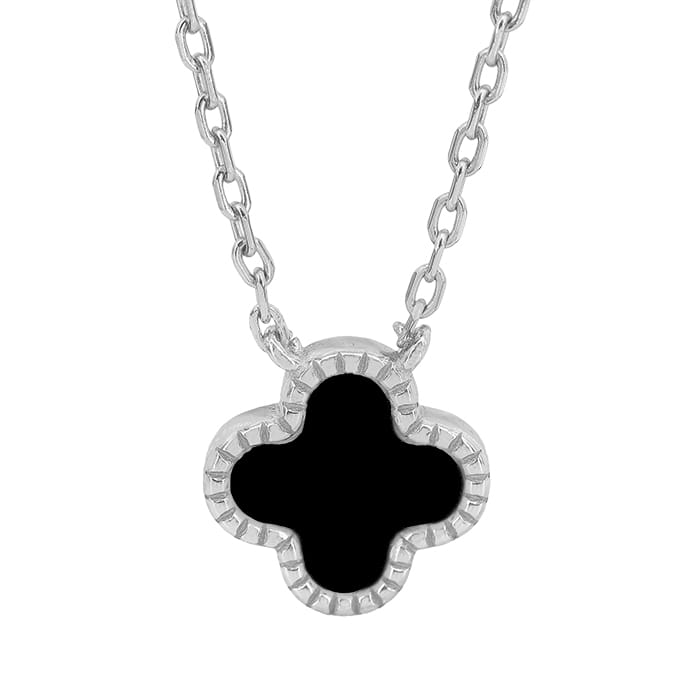 Black Agate 4 Leaf Clover Silver Necklace