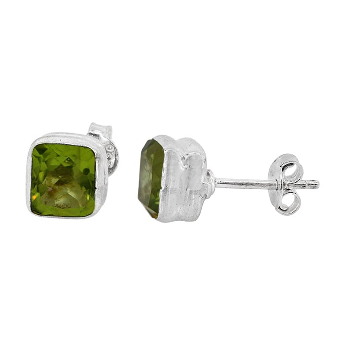Square Peridot Stud Silver Earrings