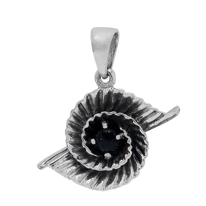 Spiral Leaf Onyx Silver Pendant