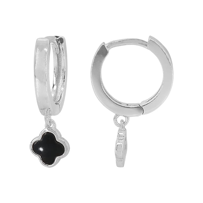 Black Agate 4 Leaf Clover Hoop Silver Earrings