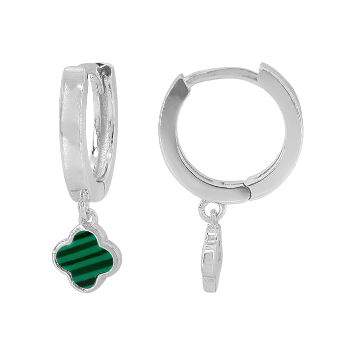 Malachite 4 Leaf Clover Hoop Silver Earrings