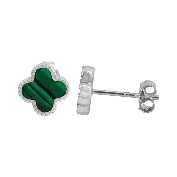 4 Leaf Clover Stud Malachite Silver Earrings